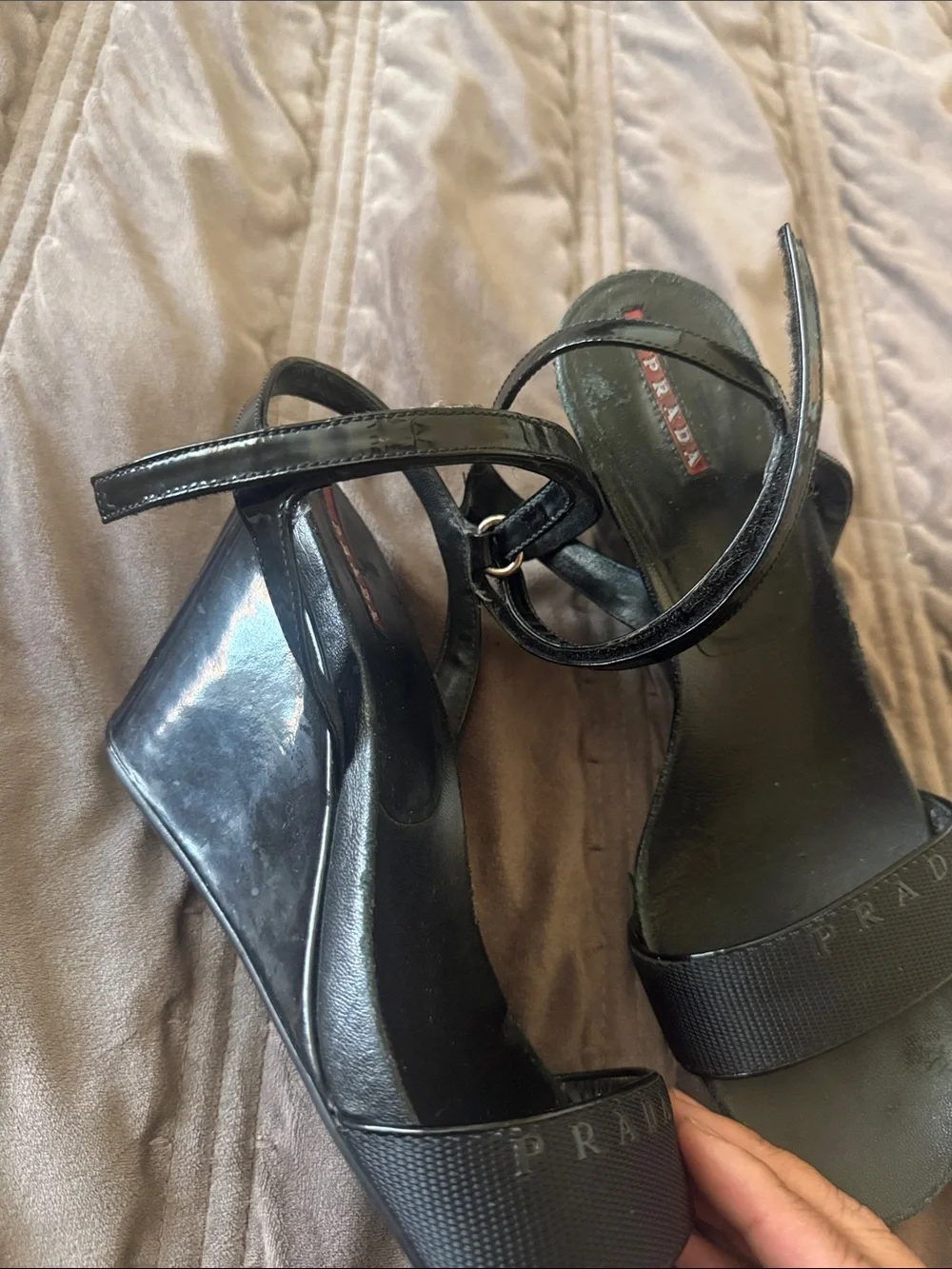 Authentic Y2K style Prada Black patent leather & Fabric Velcro strap sandals